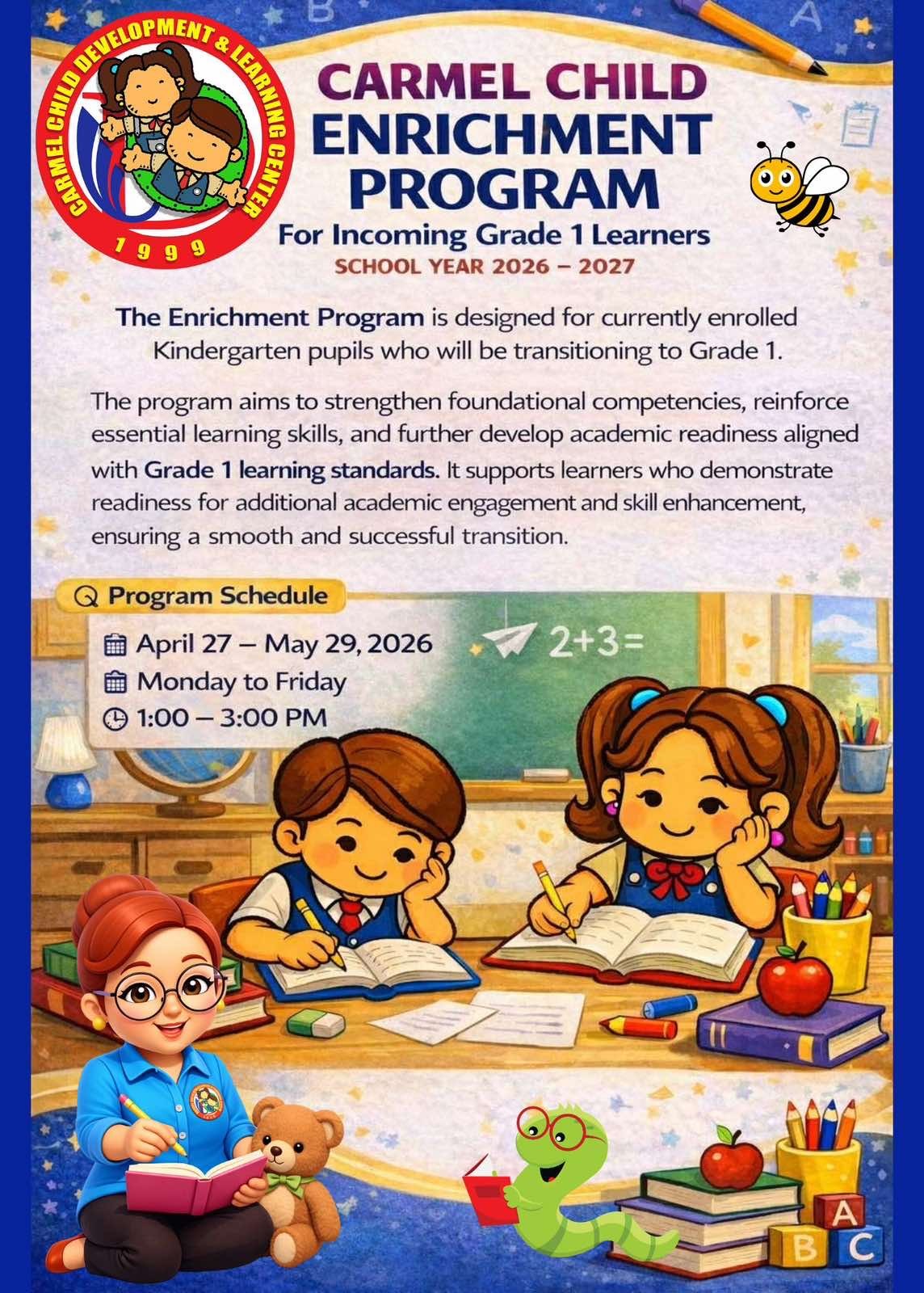 Carmel Child Enrichment Program for Incoming Grade 1 Learners - School Year 2026-2027