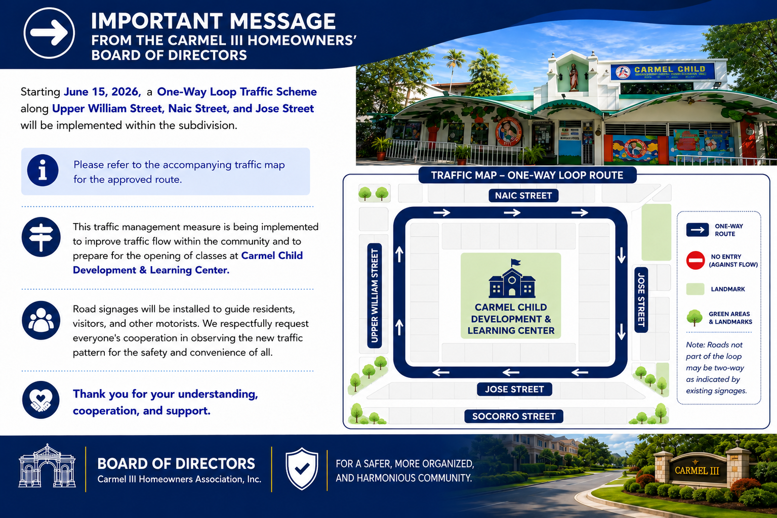Important message from the Carmel III Homeowners Board of Directors about the one-way loop traffic scheme