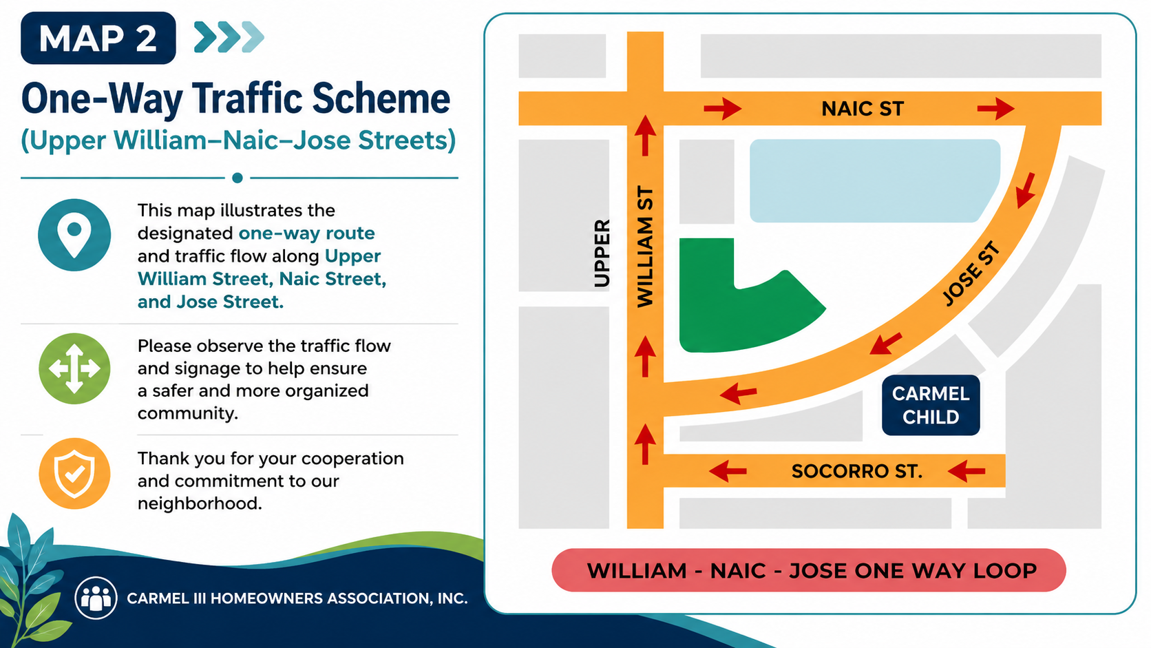 Map 2 - one-way traffic scheme along Upper William, Naic, and Jose Streets