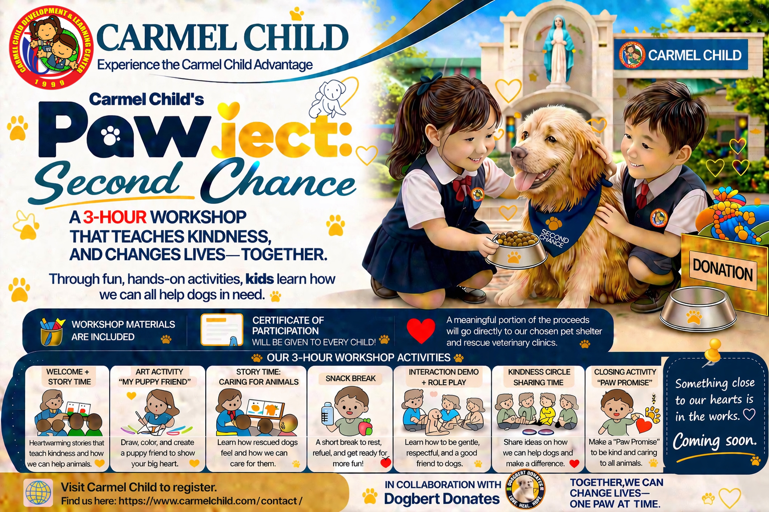 Pawject workshop schedule, activities, donation items accepted, and how to join at Carmel Child