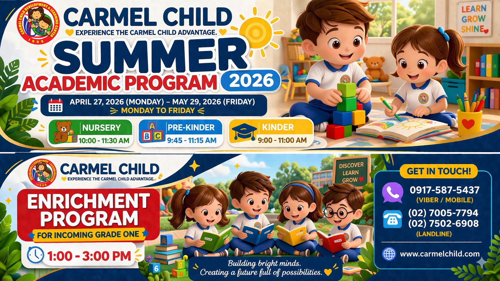 Summer Academic Program 2026 and Enrichment Program — schedules for Nursery, Pre-Kinder, Kinder, and Incoming Grade 1 at Carmel Child