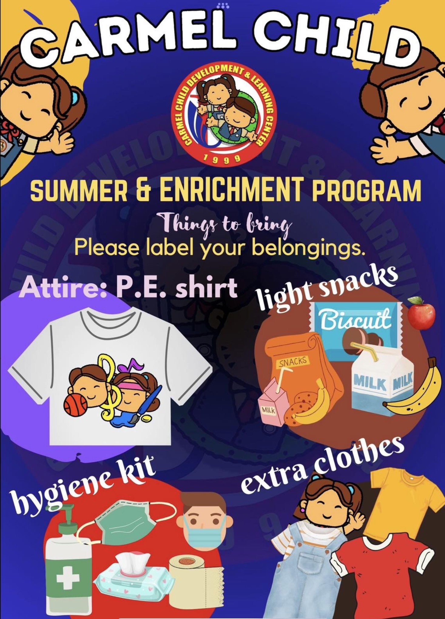 Summer Program - Incoming Nursery - Things to Bring - Carmel Child Development & Learning Center