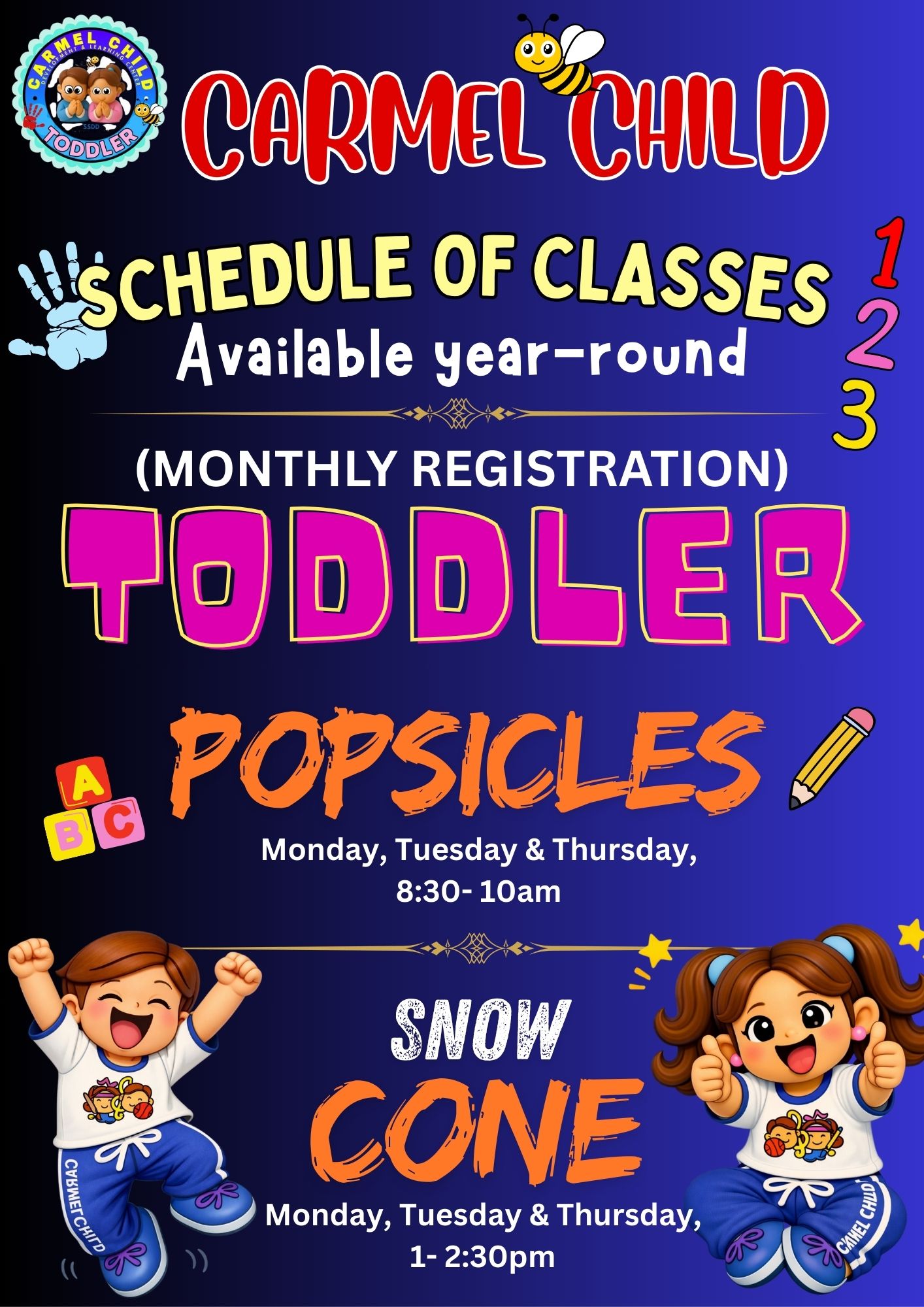 Toddler Schedule - Snow Cone, Monday Tuesday & Thursday 1-2:30pm - Carmel Child
